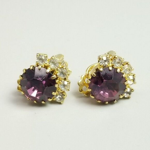 Vintage Purple Rhinestone Clip On Earrings, Prong Set Gold Tone, Estate - Picture 1 of 6